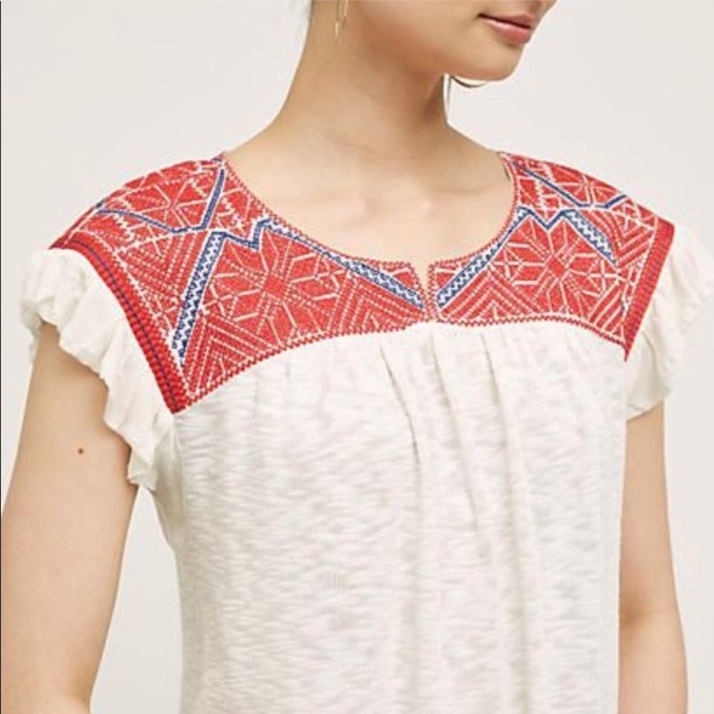 Anthropologie White Top with Red & Blue Embroidered Yoke